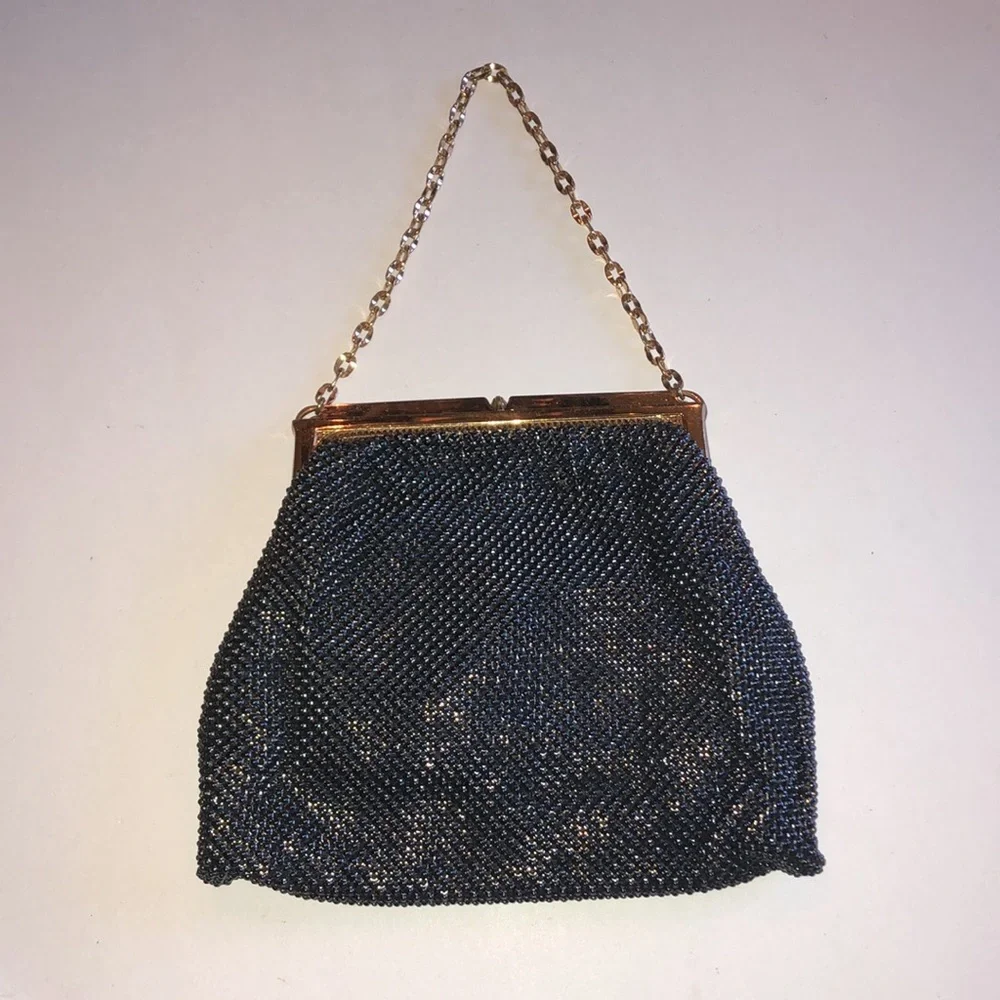 Whiting & Davis Vintage Black Mesh Evening Bag with Gold Chain